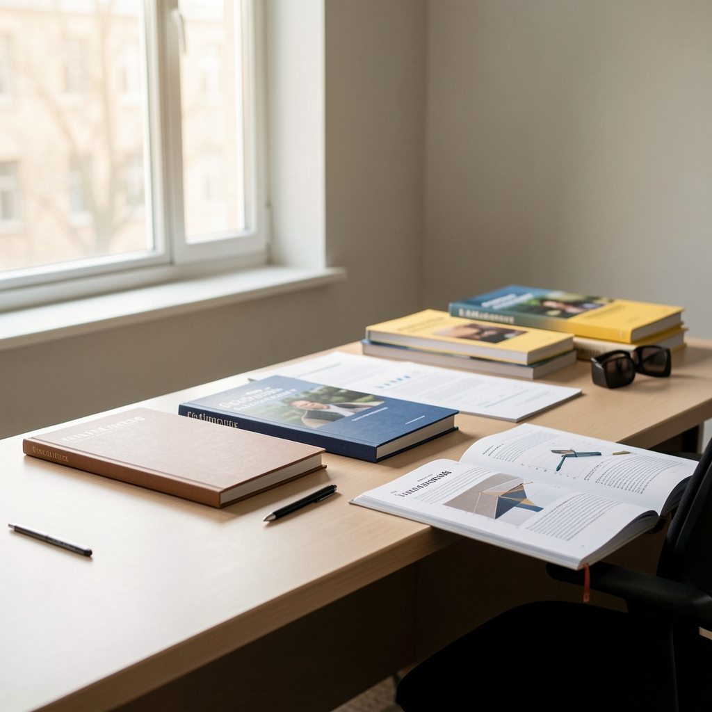 Editorial workspace with journals and research papers arranged on a clean desk, soft morning light through a window