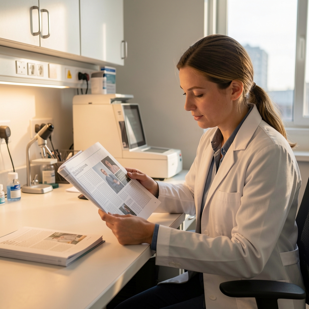 Researcher reviewing printed journal pages at a desk in a clean workspace with warm directional lighting