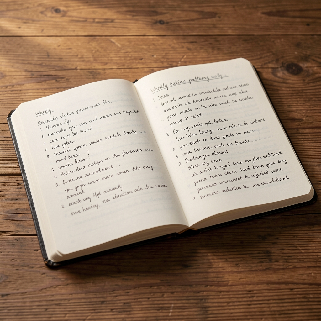 Open journal on a wooden desk with handwritten notes about weekly eating patterns, soft directional studio lighting