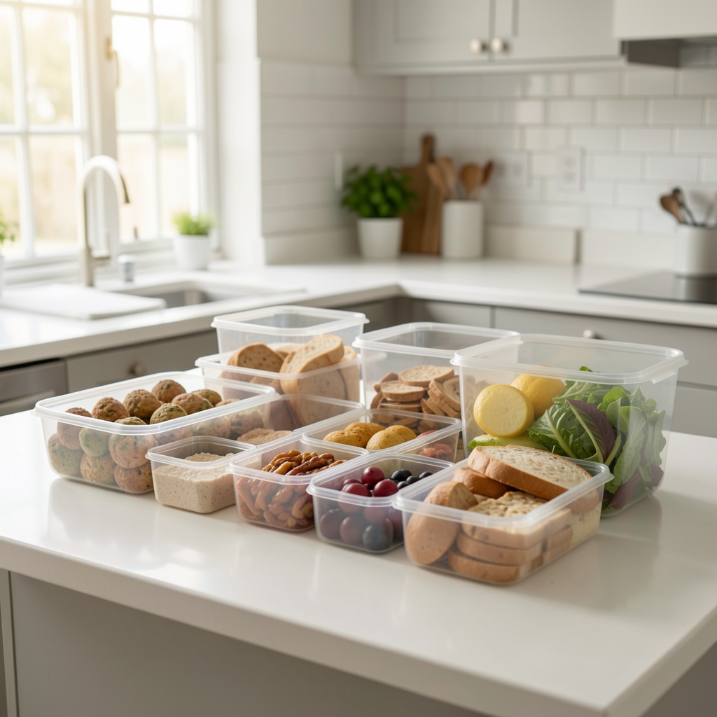 Kitchen counter with arranged food items and clear organisational containers, clean workspace with natural daylight