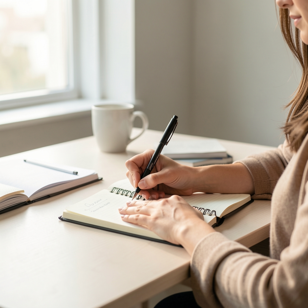 Person writing in a notebook at a clean desk with soft morning light, reflecting on daily habits and eating patterns